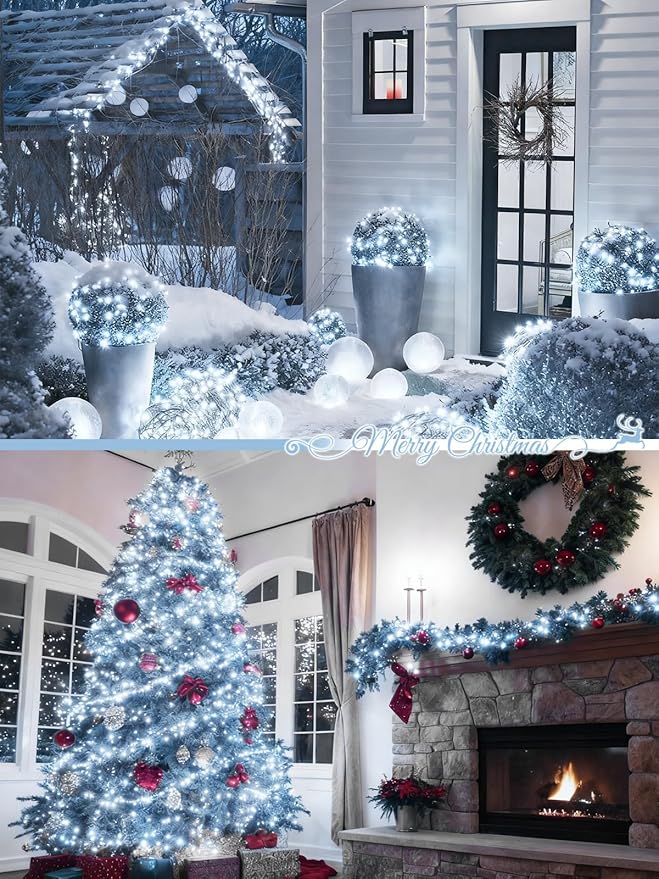 2-Pack 66FT 200 LED Extendable White Christmas String Lights (Green Wire), Christmas Tree Lights with 13 Modes, Indoor Outdoor Plug in Fairy String Lights for Xmas Decor Party Garden (Cool White)