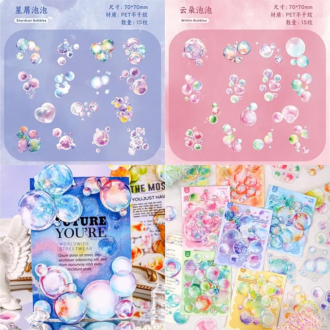 90 Pieces Exquisite Dreamy Bubble PET Sticker Set, Aesthetic Decorative Coloful Bubble Stickers for Scrapbooking, Journaling, Waterproof DIY Crafts, and Junk Journal Supplies