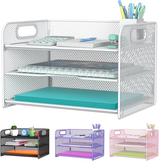 Samstar 3 Tier White Letter Tray Paper Organizer with Handle, Mesh Desk Organizer Paper Sorter File Rack Shelves, White