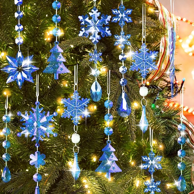 Lanpn 22pcs Christmas Ornaments Crystal Christmas Tree Decoration, Hanging Clear Acrylic Snowflake Icicle Drop Crystal Pendants for Xmas Tree Winter New Year Outdoor Indoor Party Decoration (Blue)