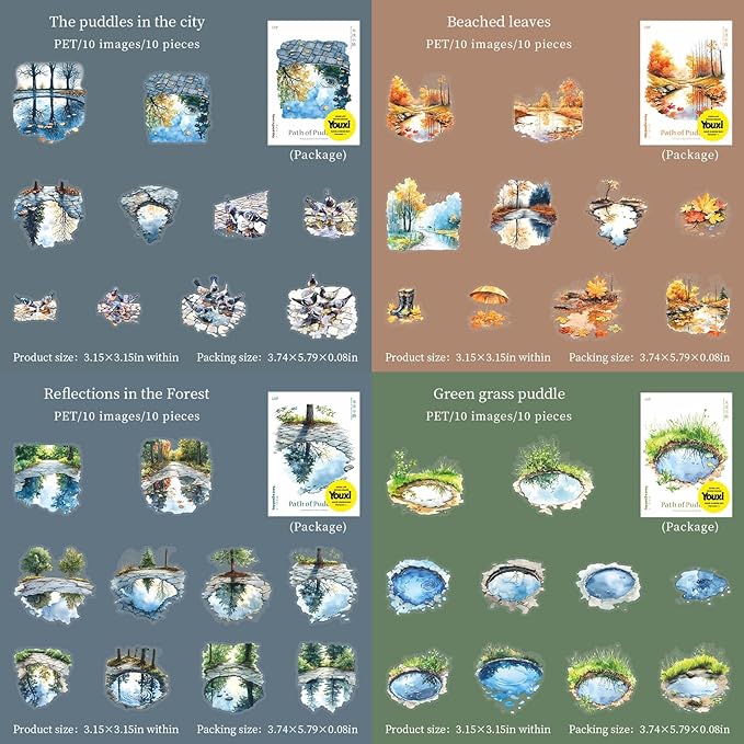 60 Pieces Aesthetic Landscape Creation PET Sticker Set, 6 Pack Vintage Puddles Scenery PET Stickers for Scrapbooking, Journaling, Waterproof DIY Crafts, and Junk Journal