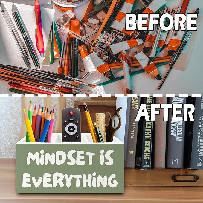 Green Inspirational Pen Pencil Holder Organizer for Desk, Inspirational Gifts for Women, Mindset Is Everything Motivational Wooden Box Sign for Home Office Desk Tabletop Decorations