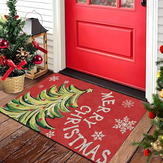 InterestPrint Christmas Doormat Outdoor Entrance Non-Slip Rug Front Porch Rugs, Christmas Tree Snowflakes Welcome Mat Front Door Rug Outdoor Funny Door Mat, 16" x 24" Inch