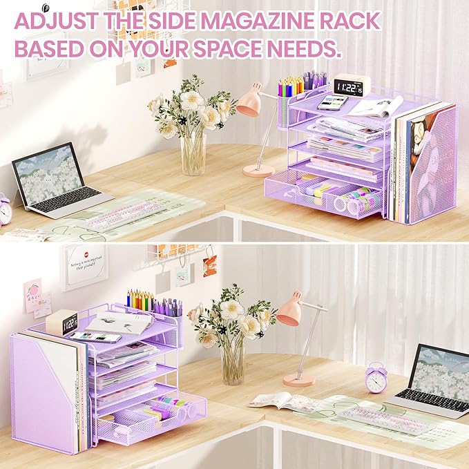 Desk Organizers and Accessories, 5-Tier Paper File Organizer with Drawer & Pen Holder, Office Desk Accessories Workspace Desktop Organizer for Office Supplies((Purple)