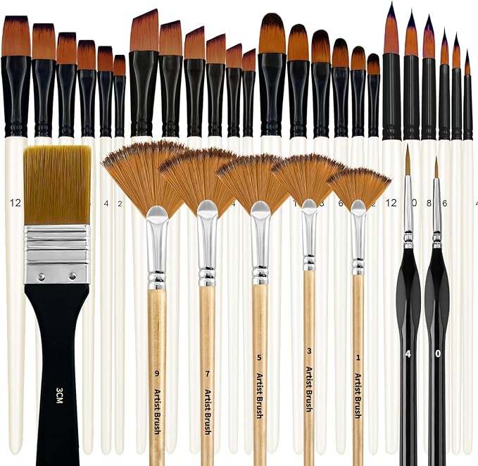 Bougimal 32 Pcs Paint Brushes for Acrylic Painting, Premium Nylon Bristles with Round, Filbert, Flat, Fan, Angle, Fine Detail Brush, Paint Brush Set for Acrylic, Oil, Watercolor