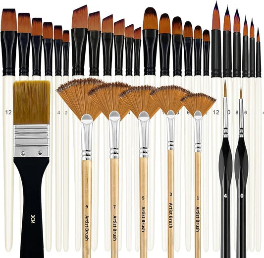 Bougimal 32 Pcs Paint Brushes for Acrylic Painting, Premium Nylon Bristles with Round, Filbert, Flat, Fan, Angle, Fine Detail Brush, Paint Brush Set for Acrylic, Oil, Watercolor