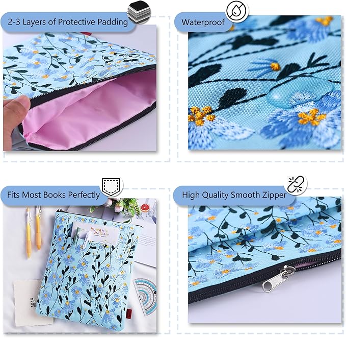 LParkin Daisy Flower Embroidery Book Sleeve with Zipper for Readers Protector Cover Gift for Book Lovers, 11x 8.5 Inch Washable Fabric, Daisy Blue