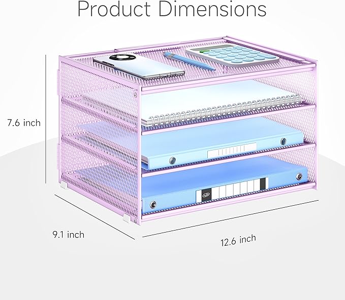 Lavatino 3-Tier Letter Tray Desk Organizer – Purple Mesh Metal Paper File Tray Organizer for Desk, Office Supplies & Home Organization | Fits A4/Letter Paper, Mail, Magazines and Office Accessories
