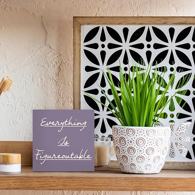 Inspirational Purple Office Decor, Every Thing is Figure Outable Motivational Office Accessories Wooden Box Sign, Positive Gifts for Women, Men Wall Desk Shelf Tabletop Decoration 5x5In