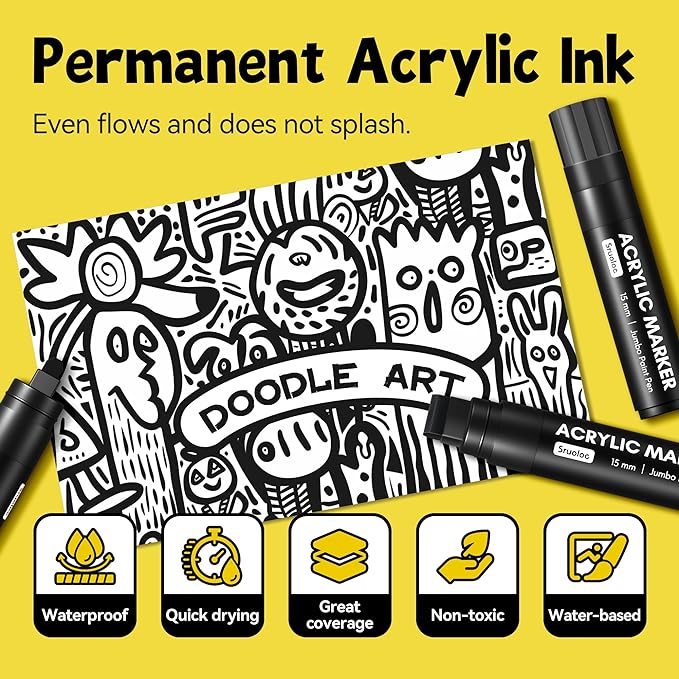3 Jumbo Permanent Markers Yellow, 15mm Thick Wide Tip, Large Acrylic Paint Markers for Rock Painting, Poster, Graffiti, Stone, Ceramic, Glass, Wood, Canvas