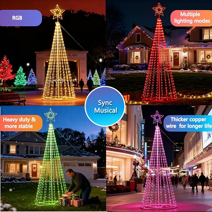 12Ft RGB Outdoor Lighted Christmas Tree Lights Cone Tall Star Topped Artificial Christmas Trees Arbol de Navidad Outside Decor for Xmas New Year Holiday