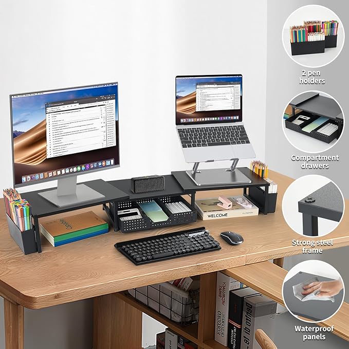 Desk Dual Monitor Stand Riser - Desk Organizer with Drawer and Pen Holders, Office Desk Accessories & Workspace Organization, Computer Monitor Stand for Laptop, Printer, TV(BLACK)