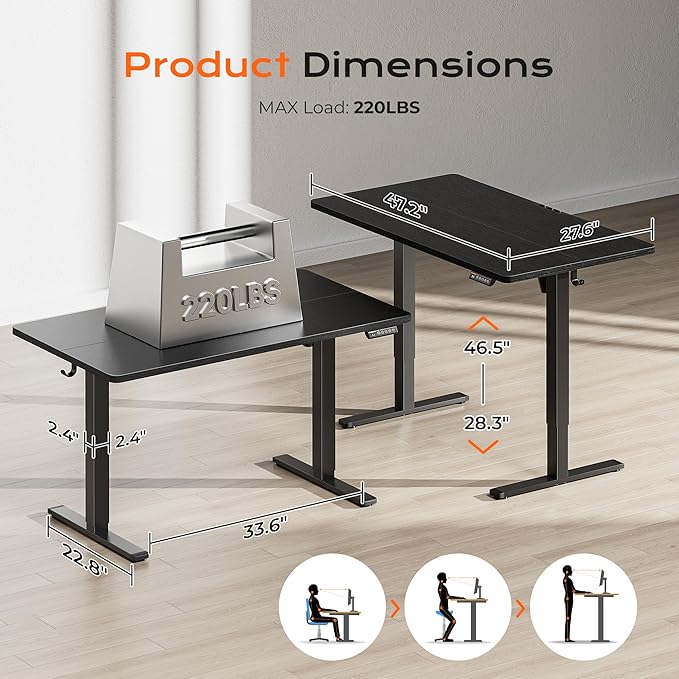 Huuger 48 x 28 Large Electric Standing Desk, Height Adjustable Desk, 27.6" Deep Desktop, Stand up Gaming, 2 Hooks, 3 Preset Heights, for Home Office, Black