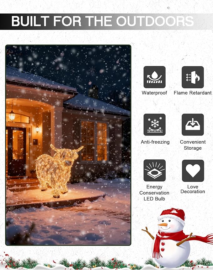 Highland Cow Christmas Decor - Cute LED Light-Up Outdoor Decorations for The Holiday Season, Highland Cow Lighted Yard Art for Front Garden, Porch, Farmhouse, Lawn (1Pcs)