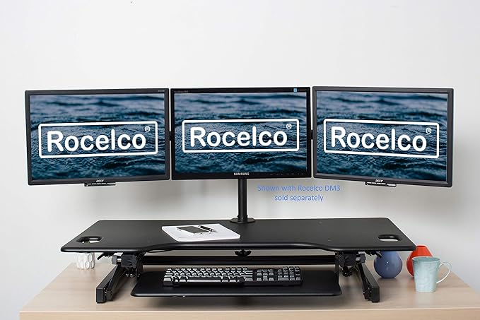 Rocelco 46" Large Height Adjustable Standing Desk Converter with Triple Monitor Mount BUNDLE - Quick Sit Stand Up Computer Workstation Riser - Retractable Keyboard Tray - Black (R DADRB-46-DM3)
