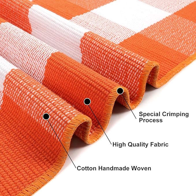 KIMODE Fall Door Mat Outdoor Orange and White 24"x51",Halloween Doormat,Washable Cotton Buffalo Plaid Check Front Door Rug for Layering Rugs,Halloween Porch Decorations,Entryway,Farmhouse