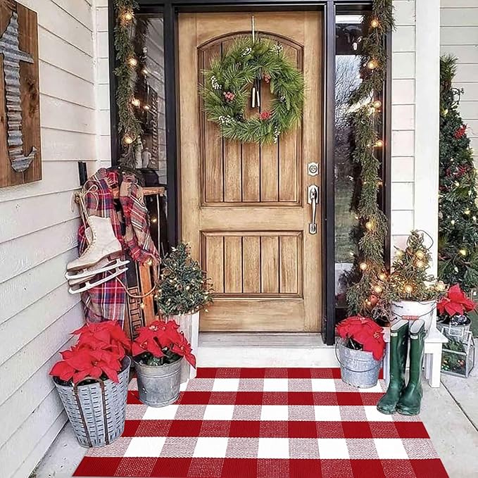 Christmas Plaid Outdoor Rug, 2'4" x 3'7" Red&White Check Indoor/Outdoor Area Rug, Layering Rug for Hello/Welcome Door Mat, Machine Washable Cotton Woven Rug for Farmhouse Front Porch,Entryway