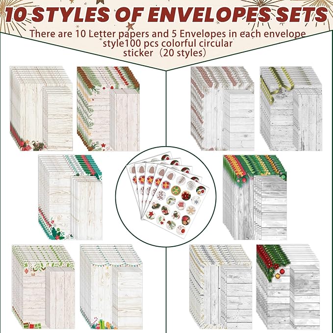 250Pcs Christmas Stationery Paper and Envelope Set with 100 Letterhead Papers and 50 Envelopes, 10 Design for Letter Writing Invitations Computer Holidays Party Notes, 8.5x11 Inch-Wood Grain