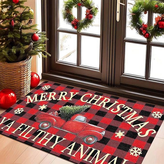 InterestPrint Merry Christmas Buffalo Plaid Truck Doormat, Red Plaid Door Mats with Non-Slip Backing Welcome Matt Outdoor Non Slip Rubber Entry Doormat Entrance Mat, 18" x 30"Inch