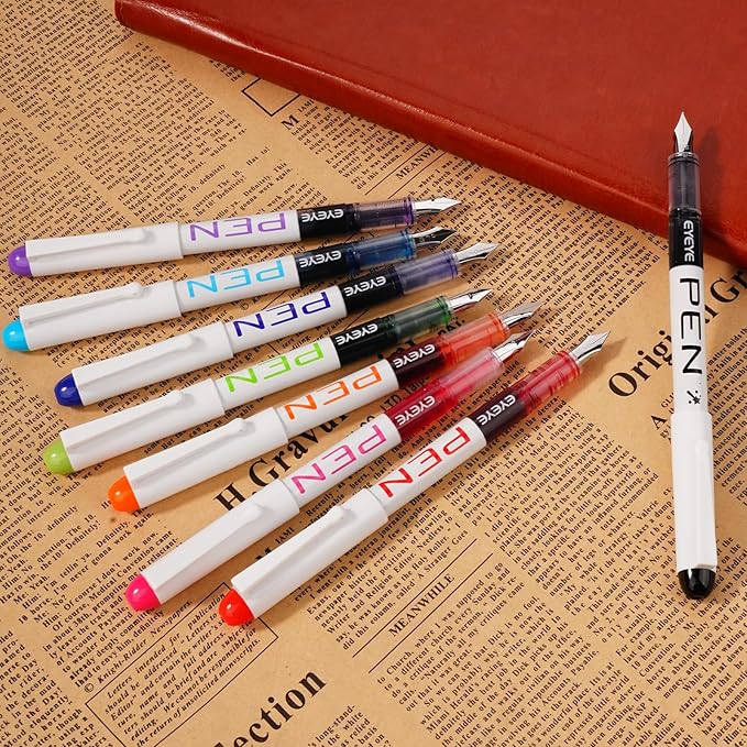 EYEYE Fountain Pens for Writing, 8 Pack Assorted Colors Fine Point Disposable Fountain Pens Stainless Steel Nib, Smooth Writing for Calligraphy, Journaling, Drafting, Sketching, Doodling & Gifts