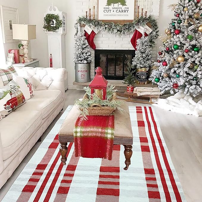 Christmas Plaid Outdoor Rug, 4' x 6' Red&White Check Indoor/Outdoor Area Rug, Layering Rug for Hello/Welcome Door Mat, Machine Washable Cotton Woven Rug for Farmhouse Front Porch, Entryway