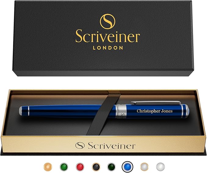 Scriveiner Personalized Midnight Blue Pen - Stunning Blue Lacquer Luxury Pen, Chrome Finish, Schmidt Ink Refill, Best Engraved Roller Ball Gift Set for Men & Women, Custom Name Engraving