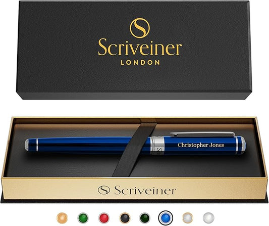 Scriveiner Personalized Midnight Blue Pen - Stunning Blue Lacquer Luxury Pen, Chrome Finish, Schmidt Ink Refill, Best Engraved Roller Ball Gift Set for Men & Women, Custom Name Engraving