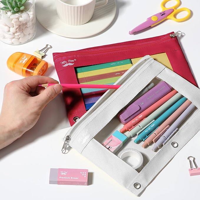 Mr. Pen- Pencil Pouch for 3 Ring Binder, 2 Pack, Red and Ivory, 3 Ring Binder Pencil Pouch