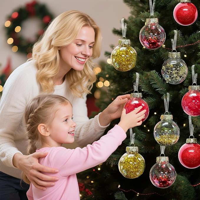 DeckTheHalls Christmas Ball Ornaments Set, 16-Piece Clear Xmas Decor for Crafts, Reusable DIY Festive Tree Decorations, Easy Hang Unbreakable Ornaments for Holiday, Party, Wedding (Red & Gold)