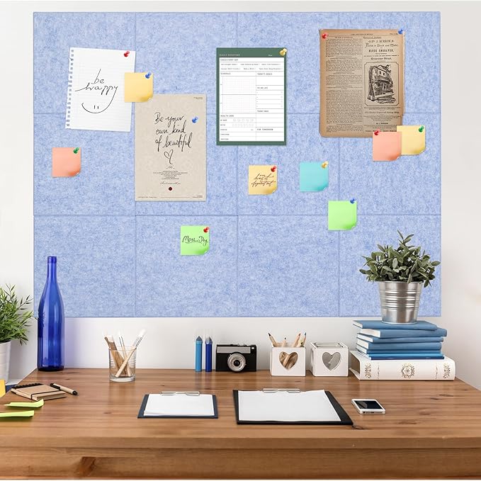 Large Cork Board Alternative, 12 Pack Felt Board with Safe Removable Adhesive Tabs Felt Wall Tiles, Large Cork Boards for Walls, Cork Board for Home Office, Pin Boards for Walls, Light Blue