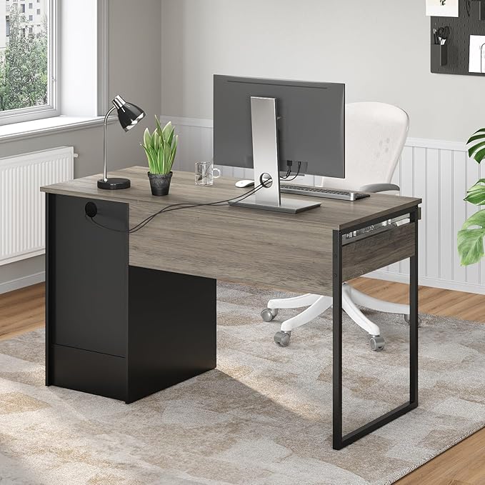 Bestier 48” Computer Desk with Drawers, Office Desk with Storage, Industrial Wood Writing Desk with File Drawer, Keyboard Tray & 2 Hooks for Home Office & Studio, Gray