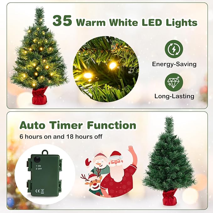 HAPPYGRILL 2FT Small Prelit Christmas Tree, Mini Tabletop Battery Operated Artificial Xmas Tree w/35 LED Lights, 71 Tips & Solid Cement Base, Christmas Spruce Fir Decoration for Fireplace Home Office