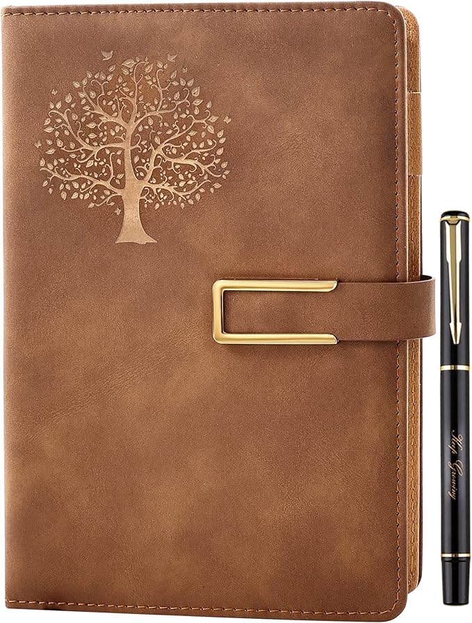Fanery Sue Tree of Life Refillable Writing Journal for Women&Men Faux Leather Hardcover Notebook A5 College Ruled 200 Lined Pages Lay-Flat Personal Diary with Pen&Magnetic Buckle (Tree of Life-Brown)