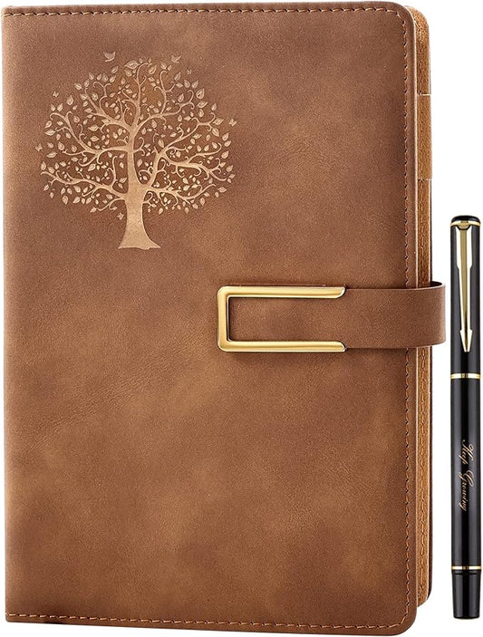 Fanery Sue Tree of Life Refillable Writing Journal for Women&Men Faux Leather Hardcover Notebook A5 College Ruled 200 Lined Pages Lay-Flat Personal Diary with Pen&Magnetic Buckle (Tree of Life-Brown)