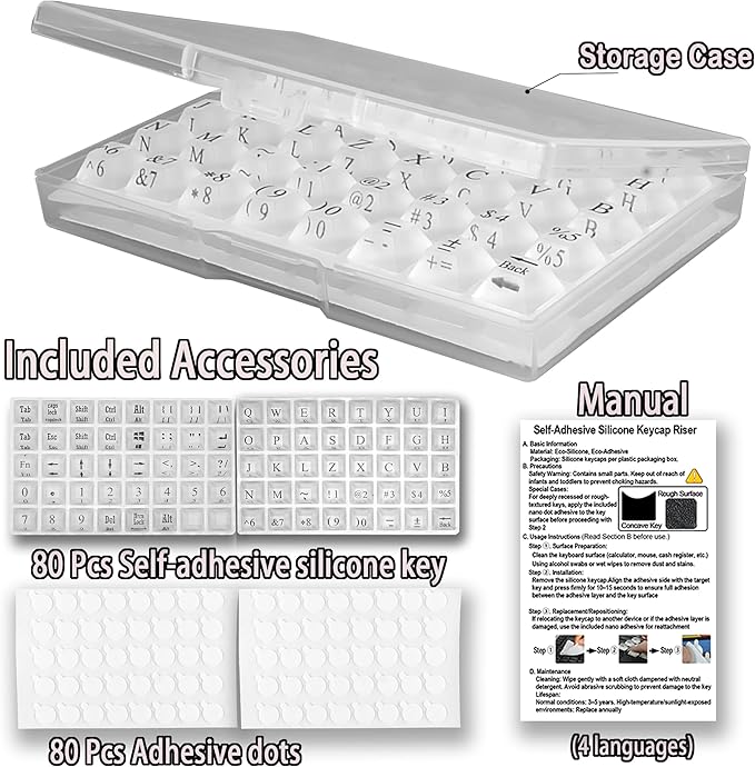 80 Pcs PC Keyboard Stickers for Long Nails Typing and Gaming, Anti-Damage Symbolic and Alphanumeric Keys for Nail-Art (Translucent)