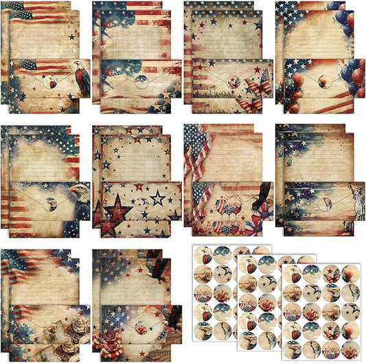 TaoBary 160 Pcs Stationery Paper Set 50 Double Sided Stationery Papers with 50 Matching Envelopes and 60 Round Dot Sticker, 10 Design(Patriotic,8.5 x 11 Inch)