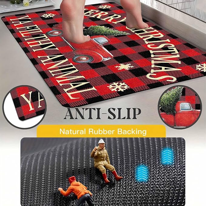 InterestPrint Merry Christmas Buffalo Plaid Truck Doormat, Red Plaid Door Mats with Non-Slip Backing Welcome Matt Outdoor Non Slip Rubber Entry Doormat Entrance Mat, 18" x 30"Inch