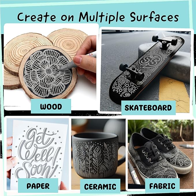 4 Dual Tip Gray Paint Pen Metallic - Fine Tip & Medium Acrylic Paint Markers - Gray Marker for Metal, Wood, Rock Painting, Canvas, Ceramic, Glass, Fabric, Leaf and Plastic - Water-based Ink