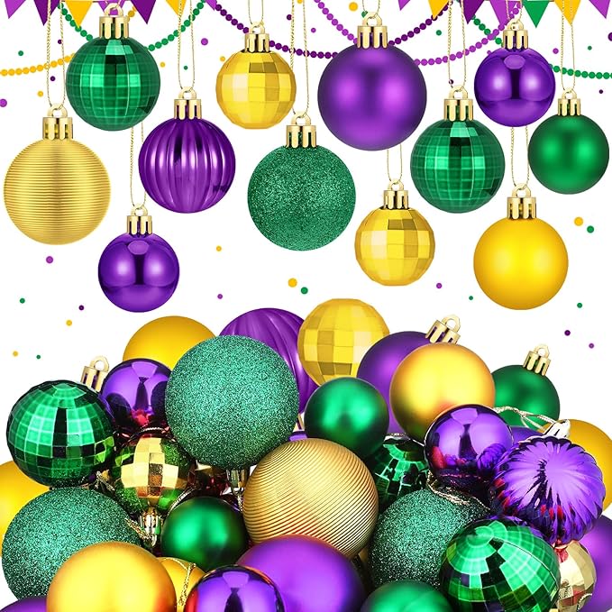 64 Pcs Mardi Gras Christmas Ornaments Glitter Purple Yellow Green Ball Ornament 1.6/1.97/2.4 Inch Assorted Size Plastic Carnival Bulbs Mardi Gras Decoration for Tree Home Indoor Party