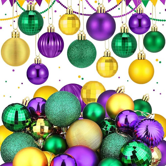 64 Pcs Mardi Gras Christmas Ornaments Glitter Purple Yellow Green Ball Ornament 1.6/1.97/2.4 Inch Assorted Size Plastic Carnival Bulbs Mardi Gras Decoration for Tree Home Indoor Party