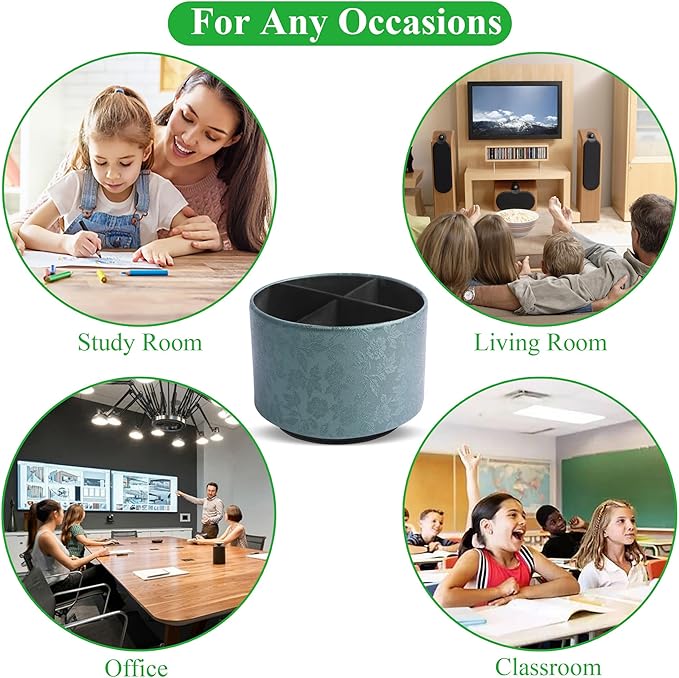 lizimandu Round Leather Art Supply Organizer,Remote Control Holder,360 Degree Spinning,Multi-Functional Pencil Holder,4 Compartments Desktop Stationary Organizer(1-Liuli Green)