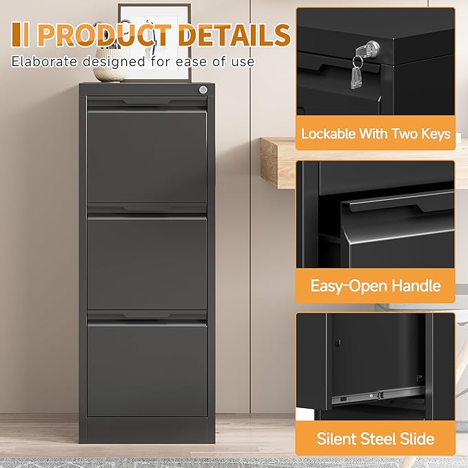 3-Drawer Metal File Cabinet with Lock,Steel Printer Stand with Storage for Home Office,Vertical Filing Cabinet for Legal/Letter/A4 Files,Assembly Required