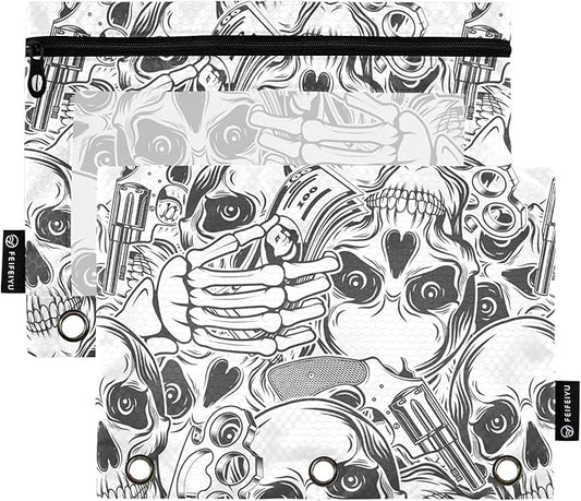 ZAZYXTJ Skeletons Skull Binder Pencil Pouchs 3 Ring with Zipper Clear Window Office Organizers bag for School Students Teacher Supplies 2 Pack