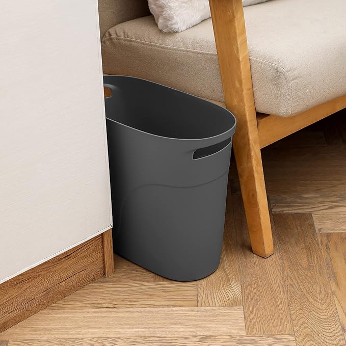 JiatuA Plastic Small Trash Can Slim Waste Basket with Handles 3.2 Gallon Narrow Garbage Container Bin for Bathroom, Bedroom, Kitchen, Home Office Under Desk, Dorm, Laundry Room, Kids Room, Dark Grey