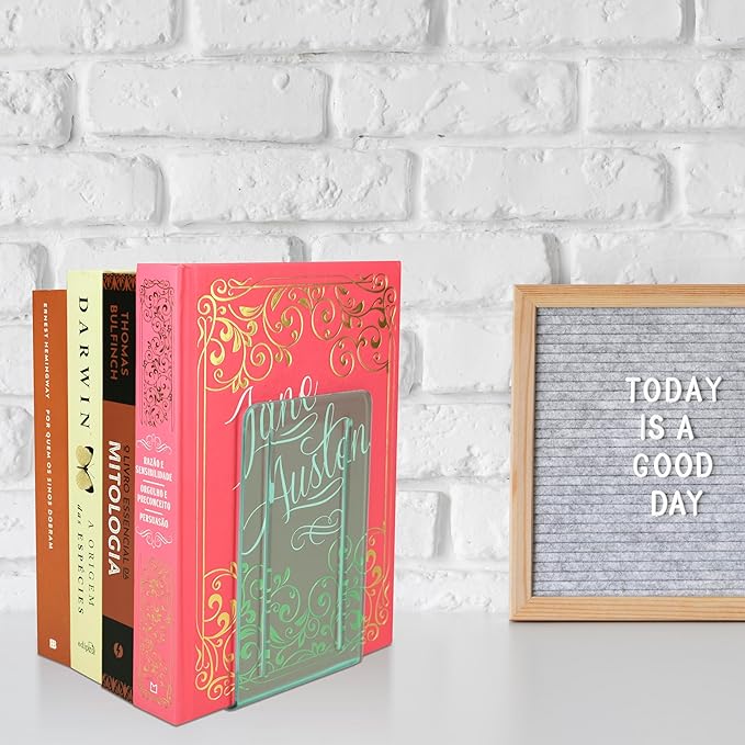 Acrimet Bookends 1 Pair, Clear Plastic Bookends for Shelves or Desktop, Book Holder for Home, Office, Library, School (Clear Green Color)