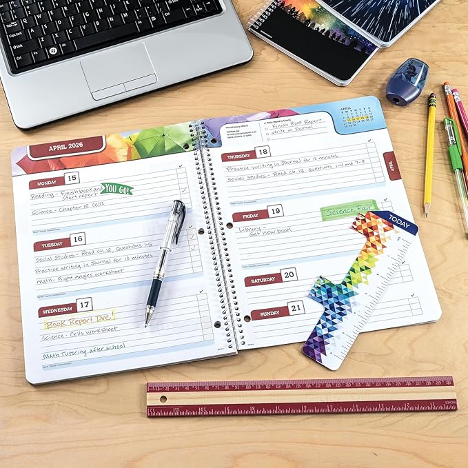 Global Datebooks Dated Middle School or High School Student Planner for Academic Year 2025-2026 Includes Ruler/Bookmark and Planning Stickers (Block Style - 8.5"x11" - Swoosh)