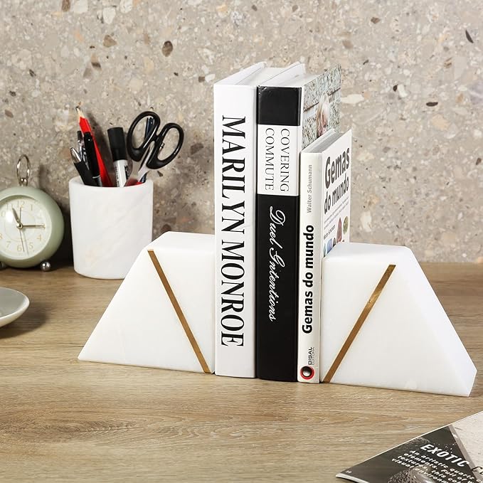 Natural Marble Bookends for Shelves, Decorative Book Ends for Heavy Books, Heavy Duty Mid Century Modern White and Gold Stone Book Holders with Brass Inlay, Unique Bookshelf Stopper Decor, Set of 2