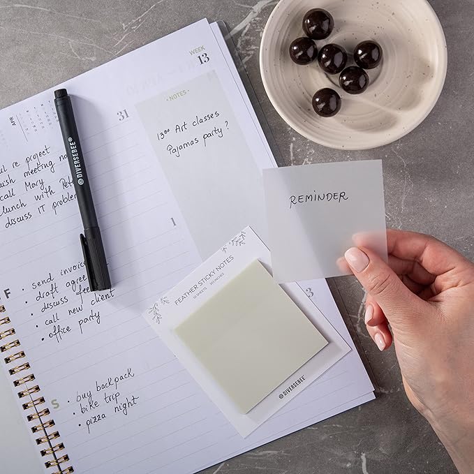 DiverseBee 50 Sheets Pastel Transparent Sticky Notes, 3x3” Clear Sticky Tabs, Translucent Page Flags Book Markers Stickers, Planner Accessories, Bible Journaling Study Office School Supplies (Feather)