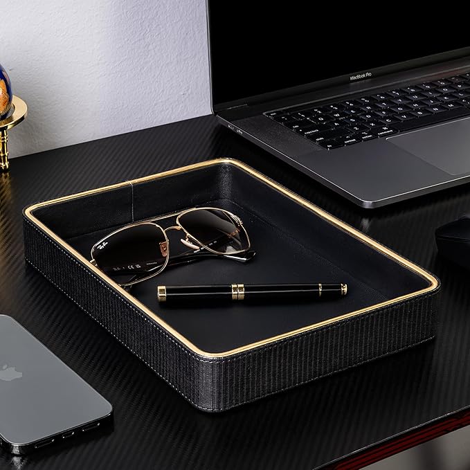 Black Leather Valet Tray for Men| Mens Valet Catch All Trays| Bedside Organizer for Nightstand| Cologne Tray for Men| Desk Trays