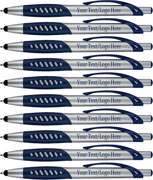 Personalized Pens With Custom Logo or Text-300 Pack Bulk-for Businesses, Parties, and Events, 2 in 1 Ballpoint Pen & Capacitive Stylus for Touchscreen Devices, Click Action, Black Ink, Blue